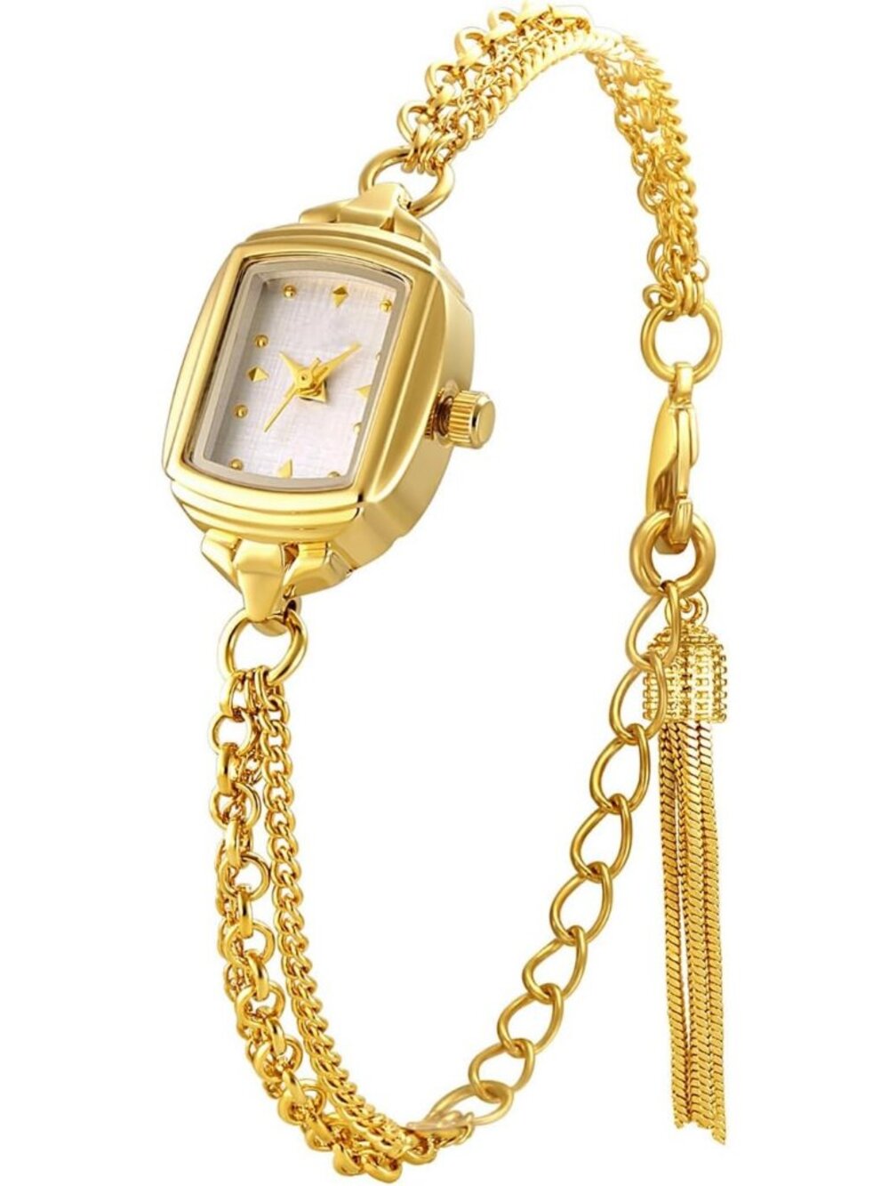 Women's Gold White Dainty Rectangle Ultra Thin Analog Bracelet Quartz Watch
